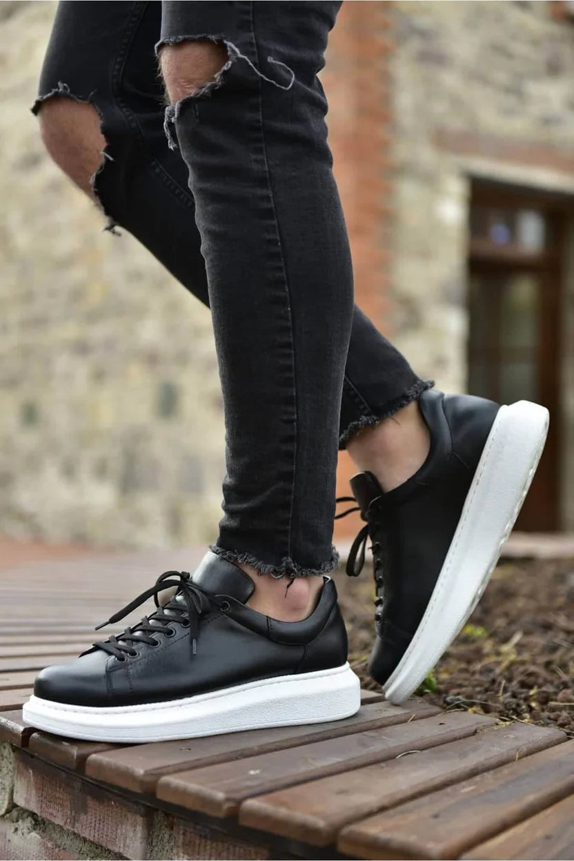 Black Leather With White Sole Sneakers