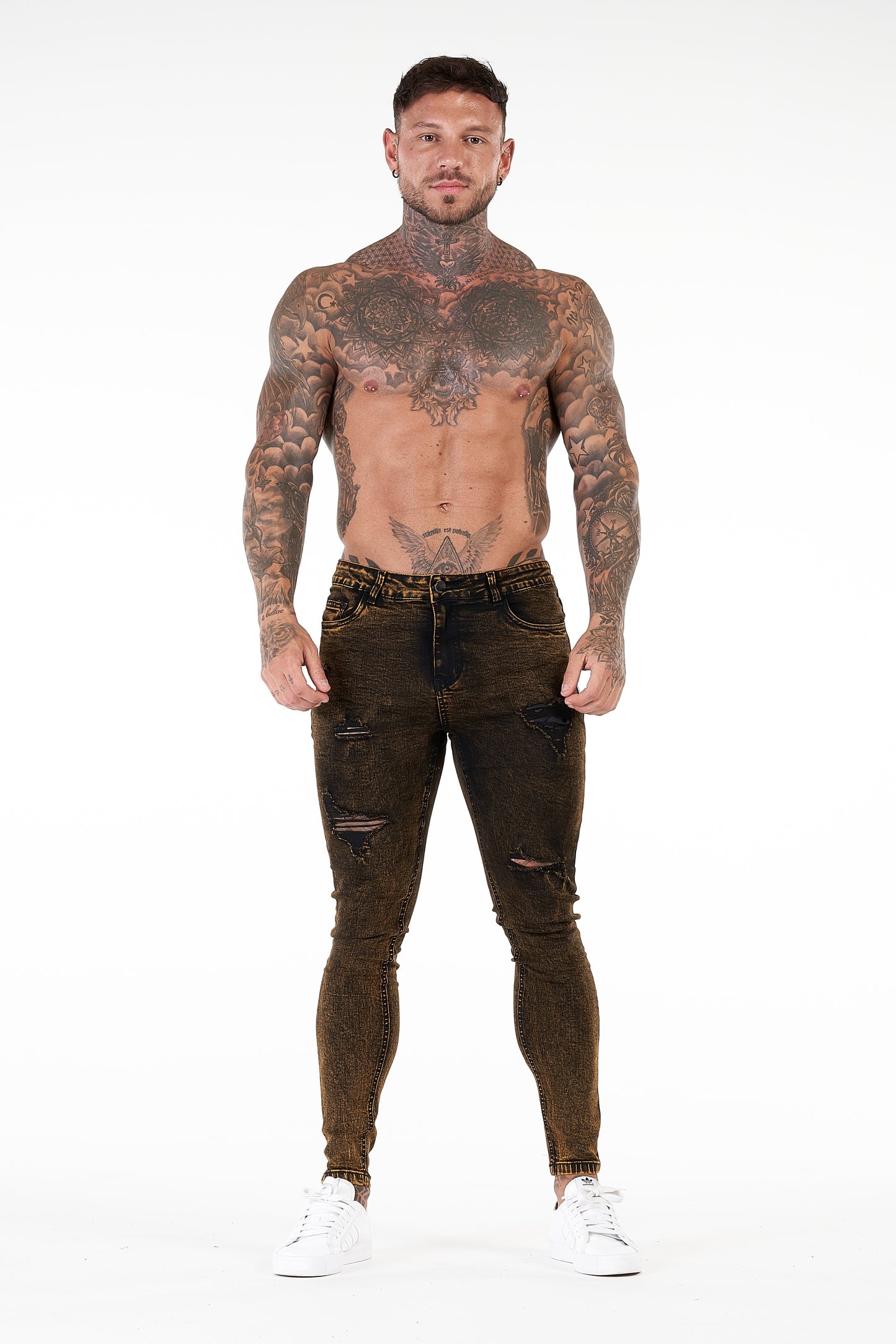 Black Goldish Ripped Stretchy Jeans For Men