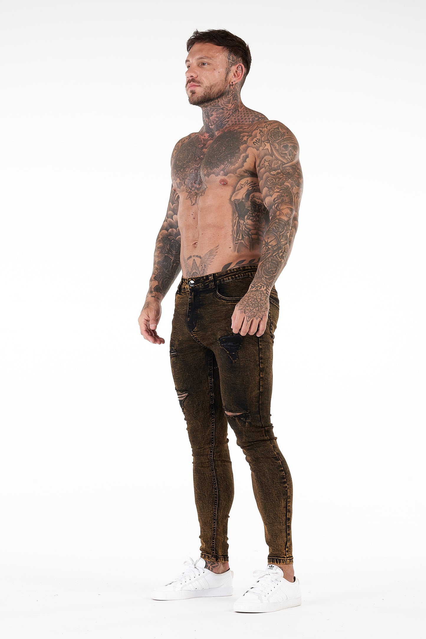 Black Goldish Ripped Stretchy Jeans For Men