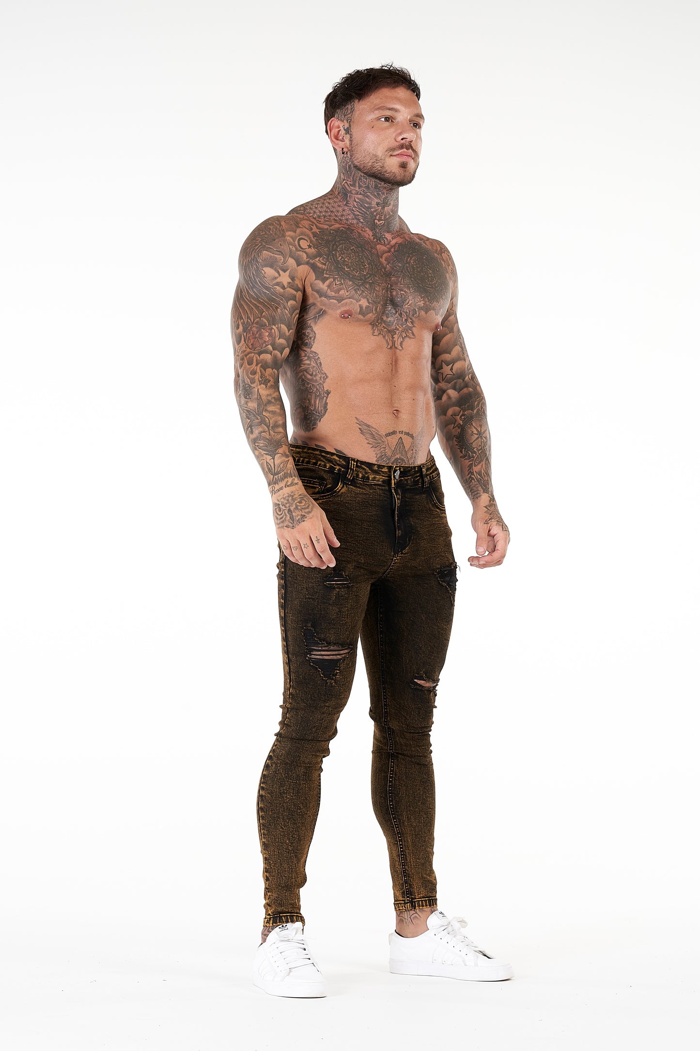 Black Goldish Ripped Stretchy Jeans For Men