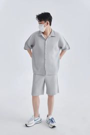 Lapel Shirt Pleated Short Sleeve T Shirt For Men