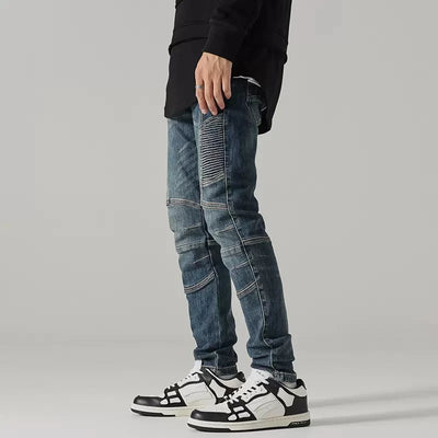 Blue Streetwear Slim Fit Biker Jeans Wrinkle Patch Hip Hop Design