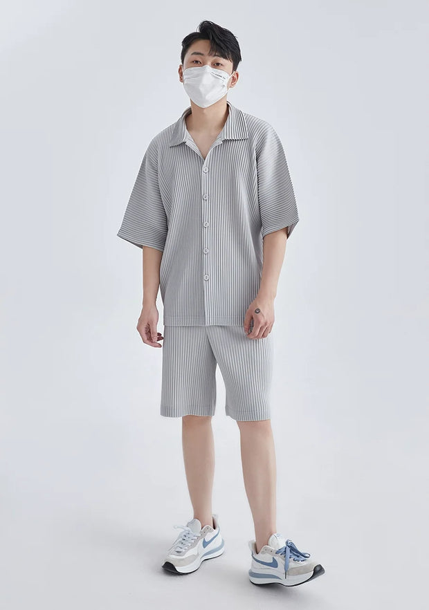 Lapel Shirt Pleated Short Sleeve T Shirt For Men