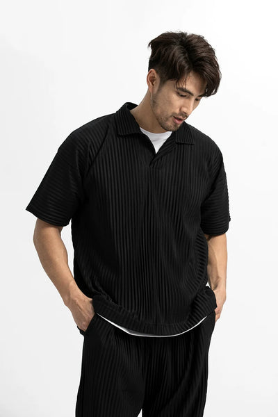 Pleated Lapel Polo Shirt: Men's Short Sleeve Summer Streetwear Fashion