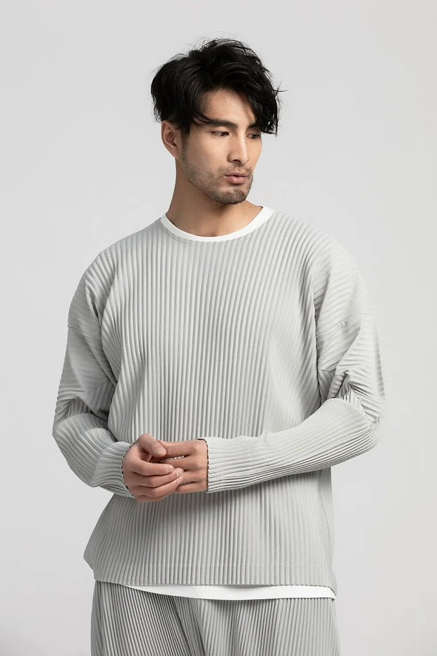 Pleated Full Sleeve Round Collar T Shirt For Men