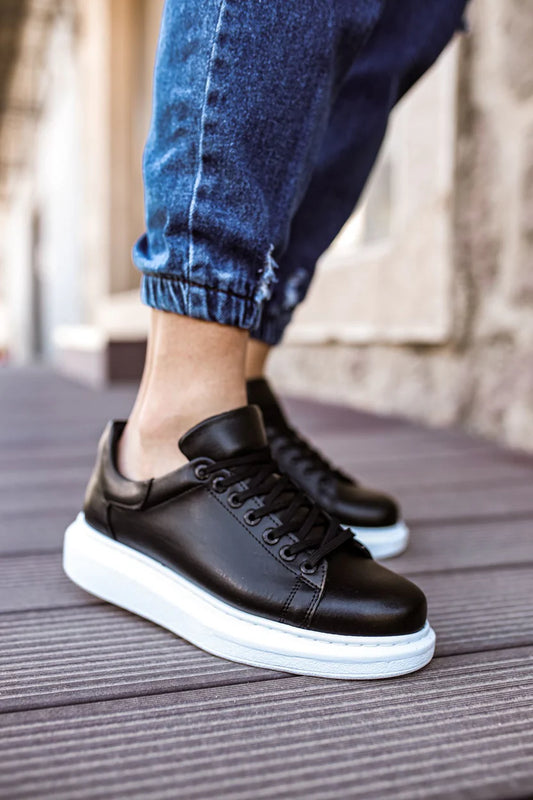 Black Leather With White Sole Sneakers