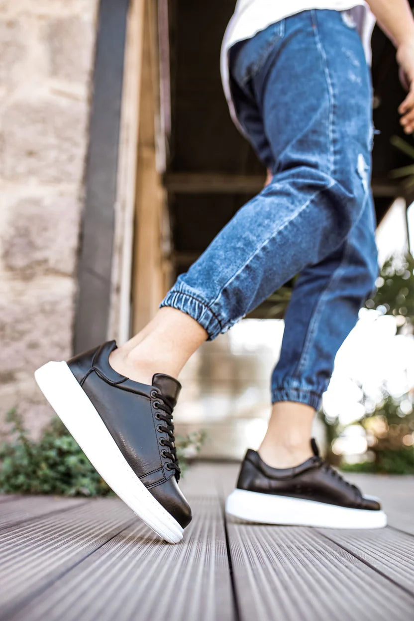 Black Leather With White Sole Sneakers