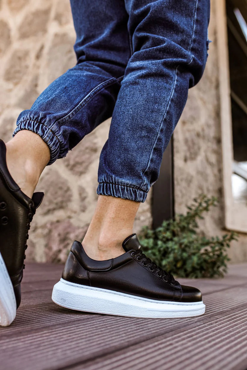 Black Leather With White Sole Sneakers