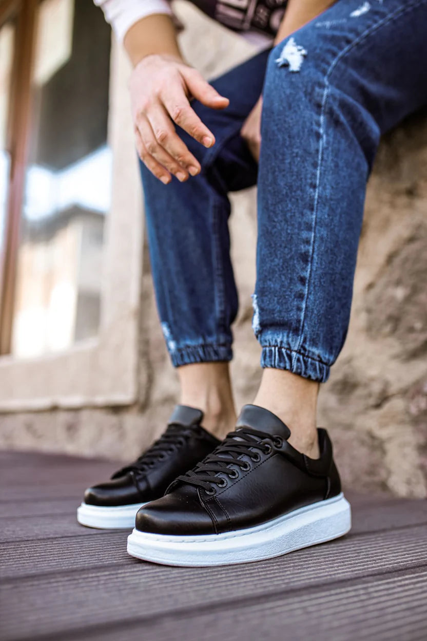Black Leather With White Sole Sneakers