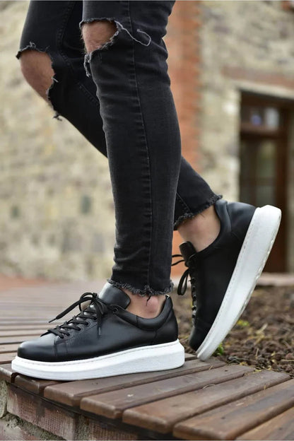 Black Leather With White Sole Sneakers