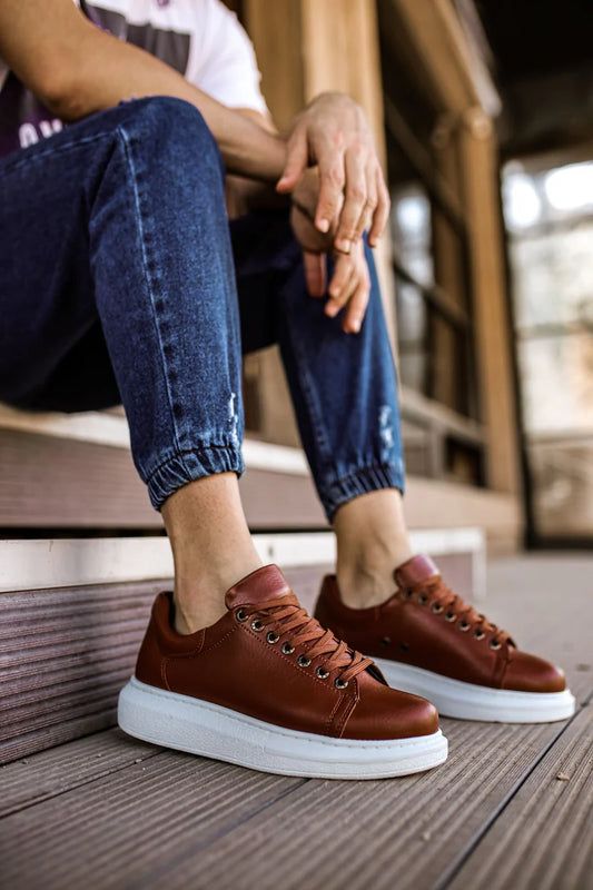 Brown Leather With White Sole Sneakers