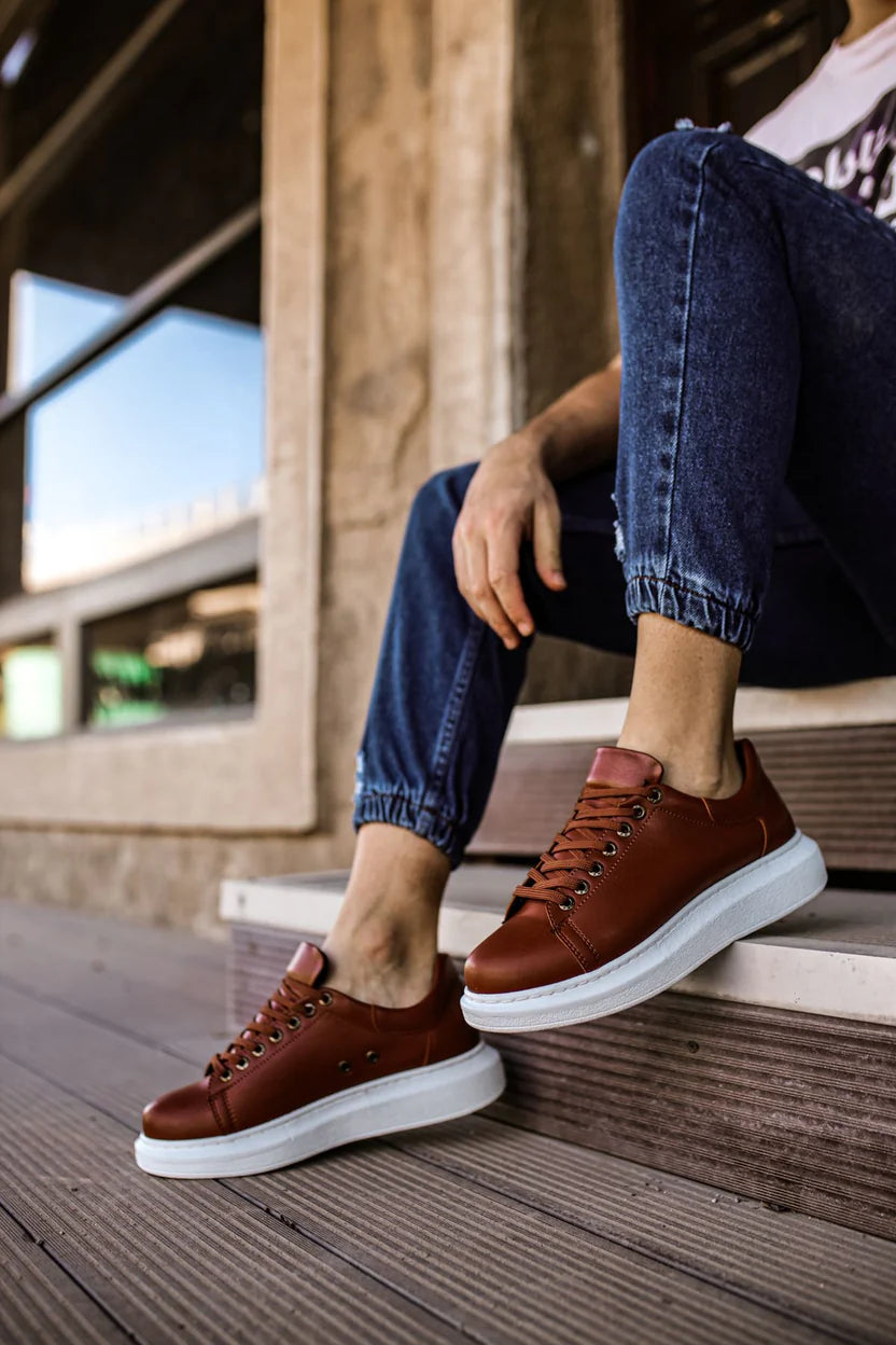 Brown Leather With White Sole Sneakers
