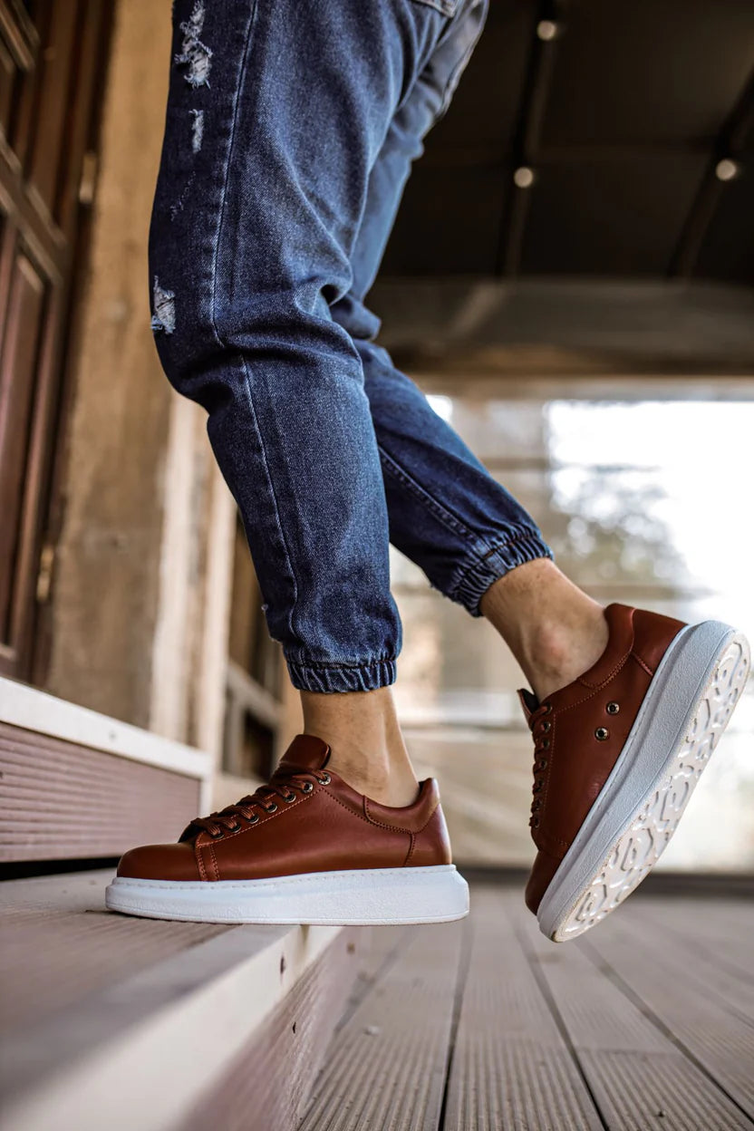 Brown Leather With White Sole Sneakers