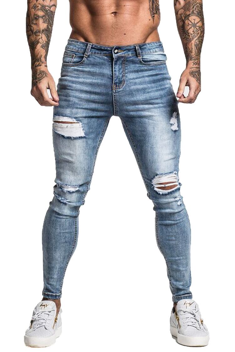 Faded Blue Distressed Ripped Denim Jeans