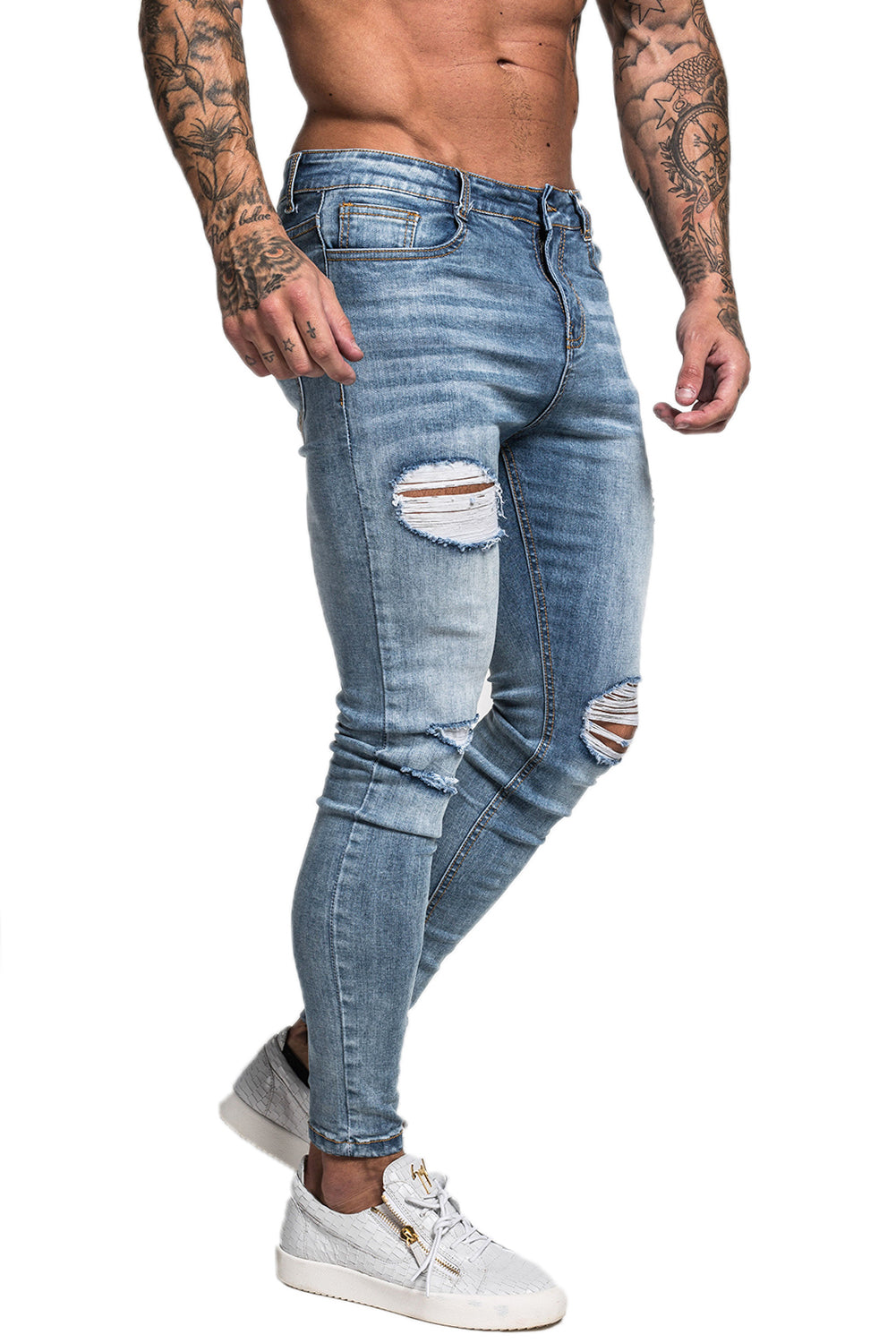 Faded Blue Distressed Ripped Denim Jeans