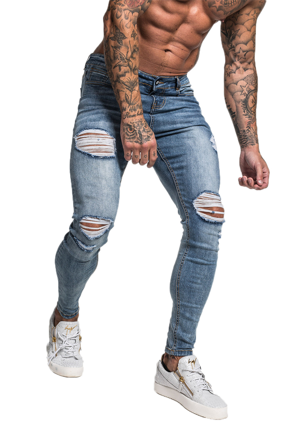 Faded Blue Distressed Ripped Denim Jeans