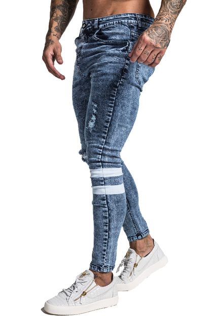 Men's Blue Skinny Ripped Jeans with Two White Line Design