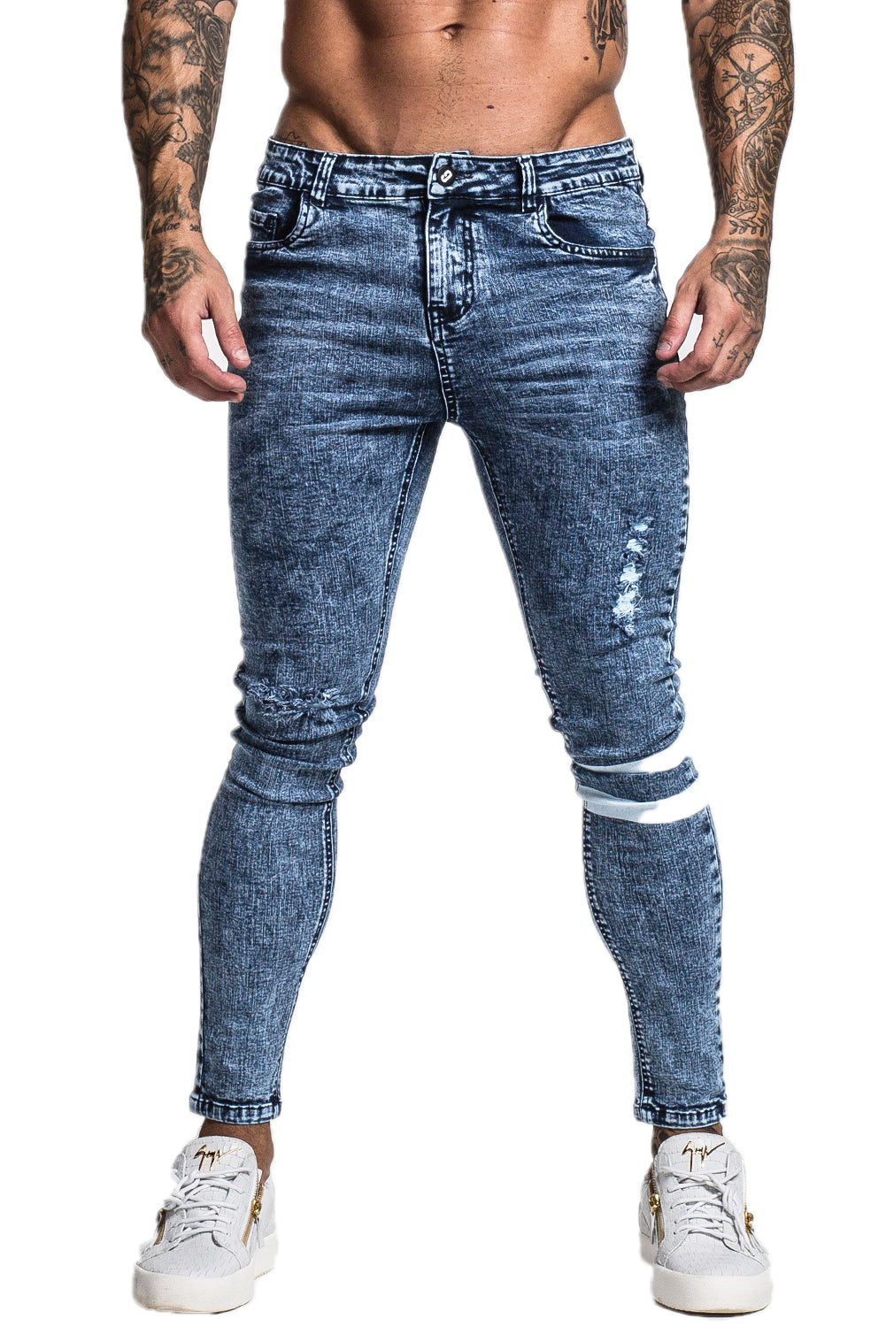 Men's Blue Skinny Ripped Jeans with Two White Line Design