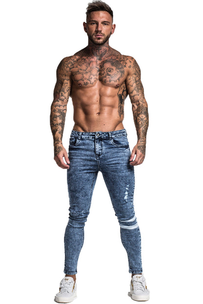 Men's Blue Skinny Ripped Jeans with Two White Line Design