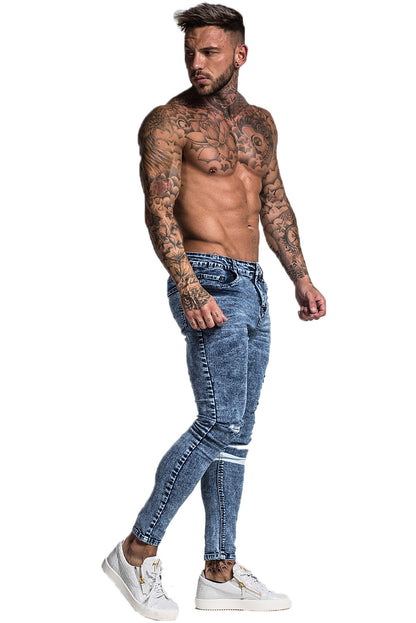 Men's Blue Skinny Ripped Jeans with Two White Line Design