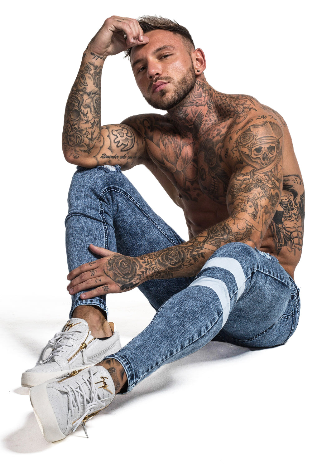 Men's Blue Skinny Ripped Jeans with Two White Line Design