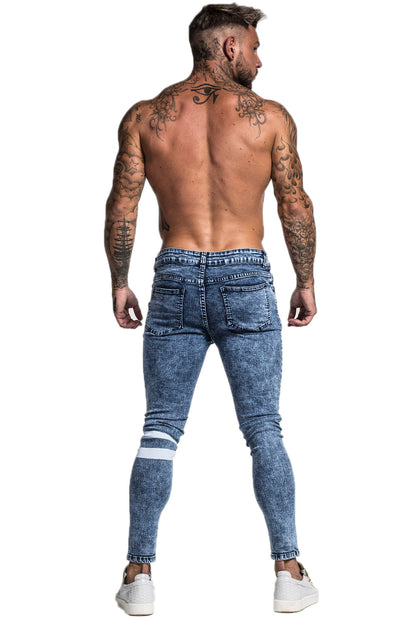 Men's Blue Skinny Ripped Jeans with Two White Line Design