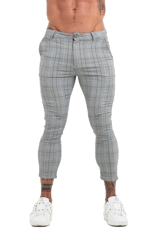 Men's Skinny Grey Plaid Chinos Pants