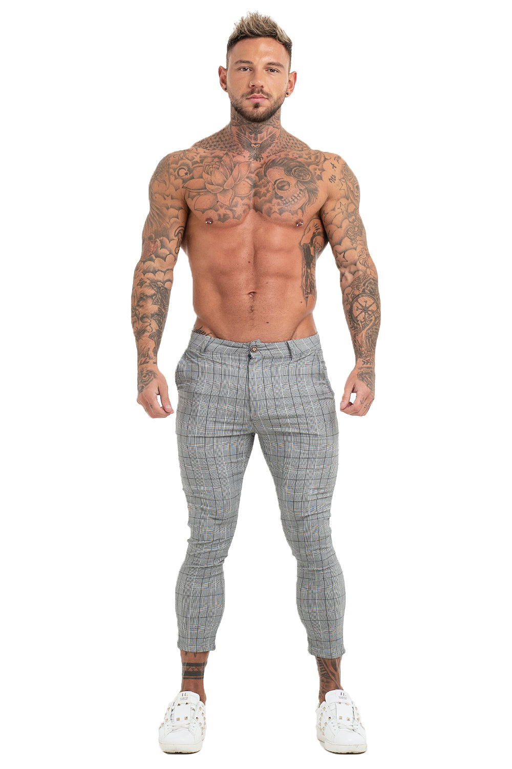 Ankle Fit Grey Checks Stretchable Trousers