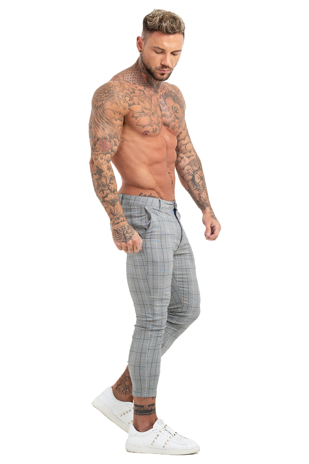 Ankle Fit Grey Checks Stretchable Trousers