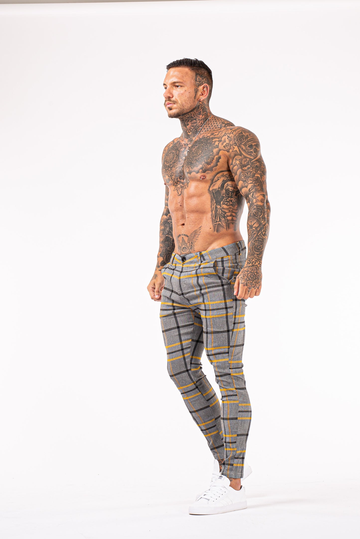 Yellow Striped Stretchable Trousers - Grey