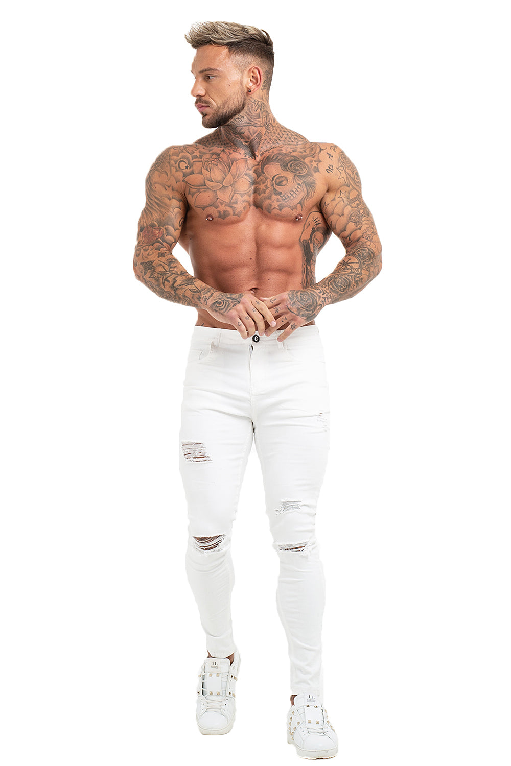 White Ripped Stretchable Jeans For Men