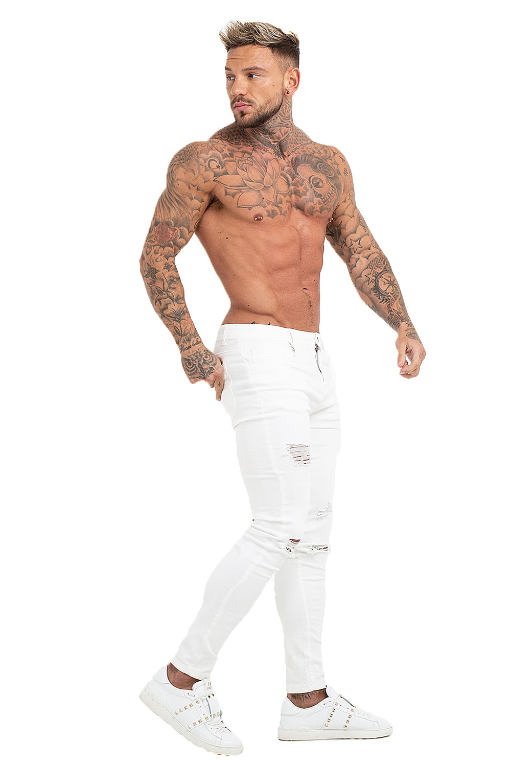 White Ripped Stretchable Jeans For Men