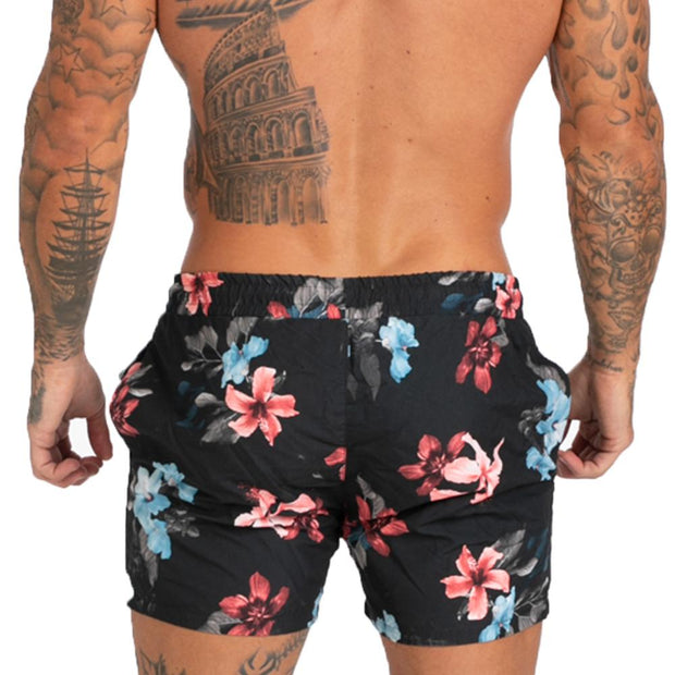 Mens Swim Trunks Beachwear- Flower Black - MensFashionsWorld 