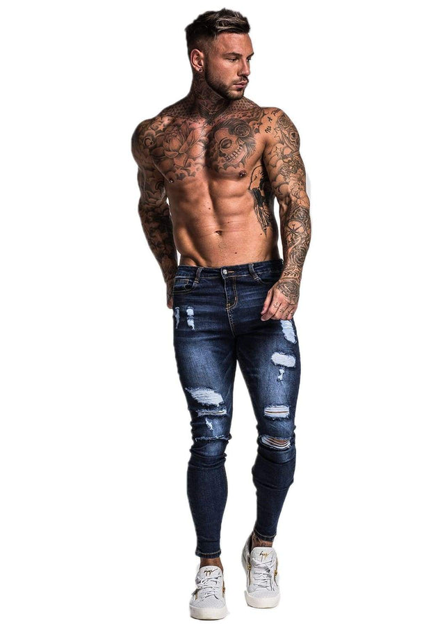 Blue Ripped Stretch Jeans - MensFashionsWorld 