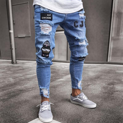 Stretchy Ripped Repaired Biker Embroidery Print Jeans