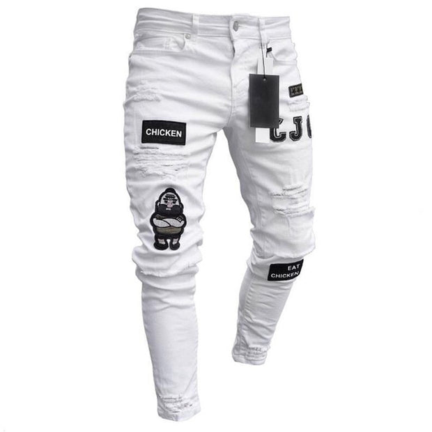 Stretchy Ripped Repaired Biker Embroidery Print Jeans - White