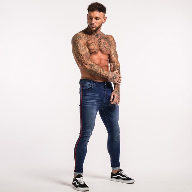 Men's Super Skinny Stretchable Jeans With Red Stripe Panel - Dark Blue - MensFashionsWorld 