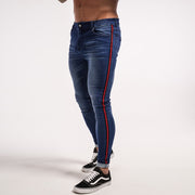 Men's Super Skinny Stretchable Jeans With Red Stripe Panel - Dark Blue - MensFashionsWorld 