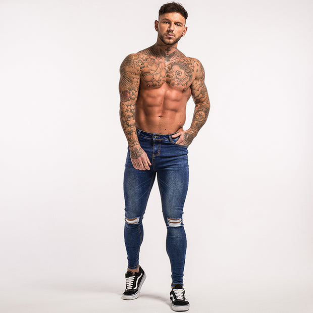Super Skinny Slim Fit Knee Ripped Jeans - Dark Blue - MensFashionsWorld 