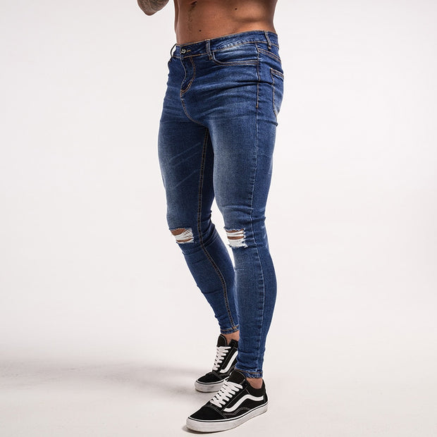 Super Skinny Slim Fit Knee Ripped Jeans - Dark Blue - MensFashionsWorld 