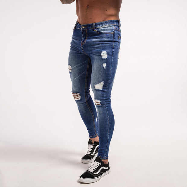 Super Skinny Ripped-Repaired Slim Fit Jeans - Dark Blue - MensFashionsWorld 