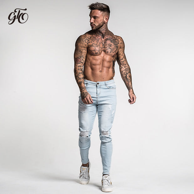 Light Blue Slim Fit Stretchable Ripped Jeans With White Strips - MensFashionsWorld 