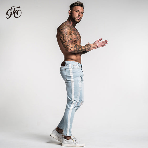 Light Blue Slim Fit Stretchable Ripped Jeans With White Strips - MensFashionsWorld 