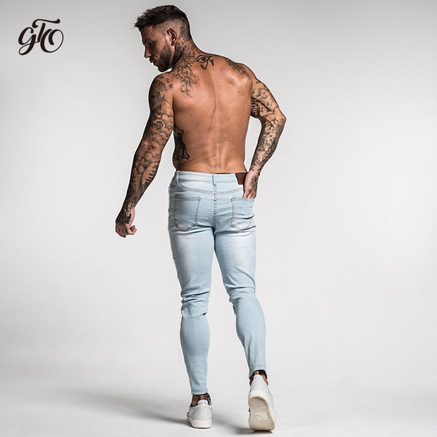 Light Blue Slim Fit Stretchable Ripped Jeans With White Strips - MensFashionsWorld 