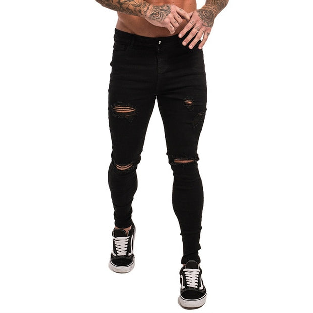Super Skinny Slim Fit Ripped-Repaired Jeans - Dark Black - MensFashionsWorld 