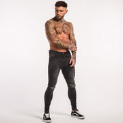 Super Skinny Slim Fit Ripped-Repaired Jeans - Faded Black - MensFashionsWorld 