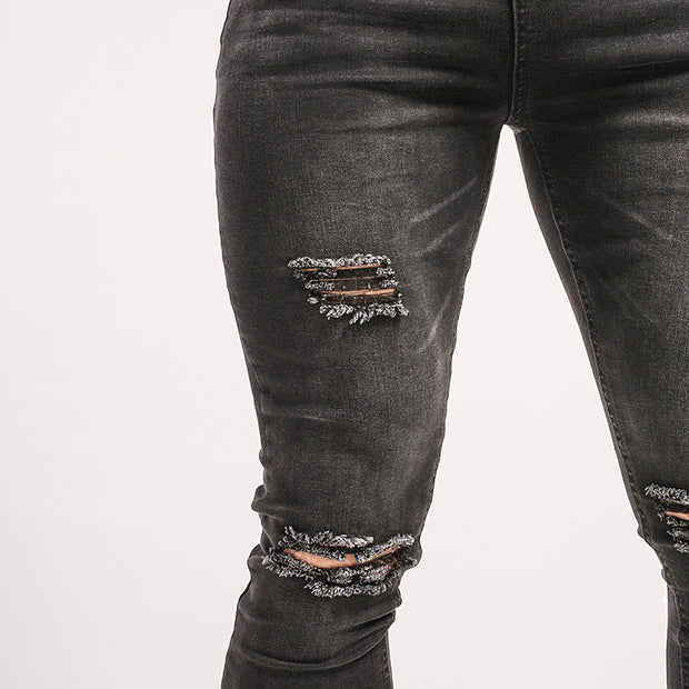 Super Skinny Slim Fit Ripped-Repaired Jeans - Faded Black - MensFashionsWorld 