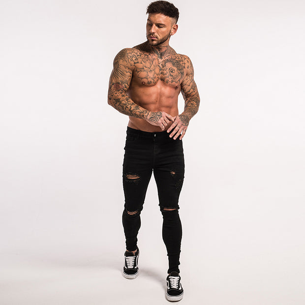 Super Skinny Slim Fit Ripped-Repaired Jeans - Dark Black - MensFashionsWorld 