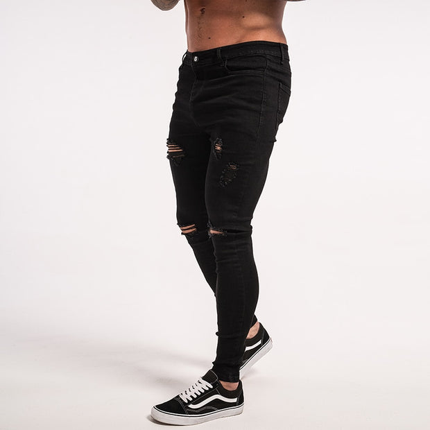 Super Skinny Slim Fit Ripped-Repaired Jeans - Dark Black - MensFashionsWorld 