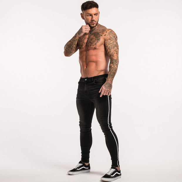 Men's Super Skinny Stretchable Jeans With White Stripe Panel - Black - MensFashionsWorld 